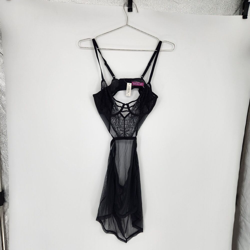 Adore Me Medium Black Rae Unlined Babydoll & G String Set Lingerie NWT